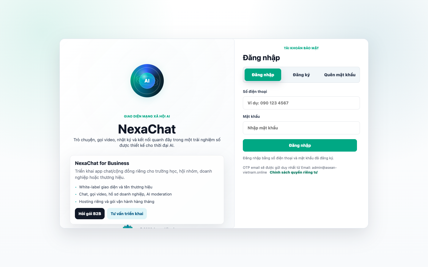 Giao diện thực tế NexaChat đang vận hành